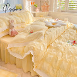 Pisoshare Cute Princess Style Seersucker Bedding Set For Women Cotton Solid Color Ruffle Bed Skirt