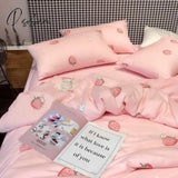 Pisoshare Cute Strawberry Bedding Set For Women Girls Pink Cotton Quilt Cover 200X230 Fitted Bed