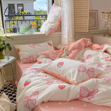 Pisoshare Cute Strawberry Bow-Knot Bedding Set For Home Cotton Twin Full Queen Size Hearts Flower