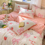 Pisoshare Cute Strawberry Bow-Knot Bedding Set For Home Cotton Twin Full Queen Size Hearts Flower