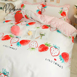 Pisoshare Cute Strawberry Flower Korean Bedding Set Twin Full Queen Size Four-Piece Cotton Fitted