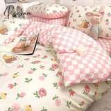 Pisoshare Cute Strawberry Flower Korean Bedding Set Twin Full Queen Size Four-Piece Cotton Fitted