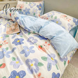 Pisoshare Cute Strawberry Flower Korean Bedding Set Twin Full Queen Size Four-Piece Cotton Fitted