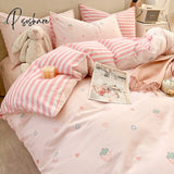 Pisoshare Cute Strawberry Flower Korean Bedding Set Twin Full Queen Size Four-Piece Cotton Fitted