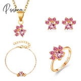 Pisoshare Cute Women’s Jewelry Set Gold Plated Filled Pink Crystal Necklace Footprint Stud