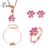 Pisoshare Cute Women’s Jewelry Set Gold Plated Filled Pink Crystal Necklace Footprint Stud