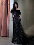 Pisoshare - Dark Bridesmaid Dress One Shoulder Evening Black Luxury Gown Sequins Host Pageant Guest