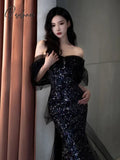 Pisoshare - Dark Bridesmaid Dress One Shoulder Evening Black Luxury Gown Sequins Host Pageant Guest