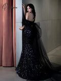Pisoshare - Dark Bridesmaid Dress One Shoulder Evening Black Luxury Gown Sequins Host Pageant Guest