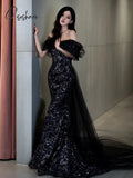 Pisoshare - Dark Bridesmaid Dress One Shoulder Evening Black Luxury Gown Sequins Host Pageant Guest
