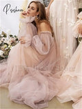 Pisoshare - Dusty Pink Tulle A Line Sweetheart Evening Dresses With Detachable Puff Sleeves Garden