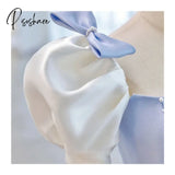 Pisoshare - Elegant A-Line Blue Bow Bubble Sleeve Princess Evening Dress Satin Square Neck Slim Fit