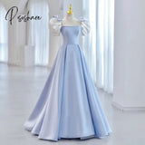 Pisoshare - Elegant A-line Blue Bow Bubble Sleeve Princess Evening Dress Satin Square Neck Slim Fit Graduation Birthday Party Dresses