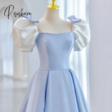 Pisoshare - Elegant A-Line Blue Bow Bubble Sleeve Princess Evening Dress Satin Square Neck Slim Fit