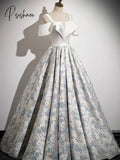 Pisoshare - Elegant Blue Flower Jacquard Spaghetti Straps A-Line Evening Party Dress Slim Fitting