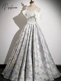 Pisoshare - Elegant Blue Flower Jacquard Spaghetti Straps A-Line Evening Party Dress Slim Fitting
