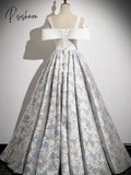 Pisoshare - Elegant Blue Flower Jacquard Spaghetti Straps A-Line Evening Party Dress Slim Fitting