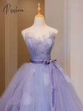 Pisoshare - Elegant Purple Tulle Off Shoulder Wedding Dress With Satin Waistband Sleeveless Lace-Up