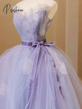 Pisoshare - Elegant Purple Tulle Off Shoulder Wedding Dress With Satin Waistband Sleeveless Lace-Up