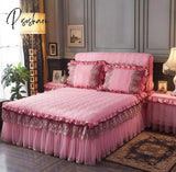 Pisoshare Europe Luxury Beige Lace Bedding Bed Skirt Pillowcase Cotton Thick Quilted Bedspread