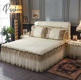 Pisoshare Europe Luxury Beige Lace Bedding Bed Skirt Pillowcase Cotton Thick Quilted Bedspread