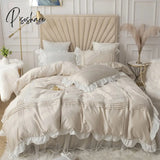 Pisoshare Europe Princess Bedding Sets Cotton Solid Color Lace Bedspread Beige Ruffle Duvet Cover