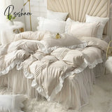 Pisoshare Europe Princess Bedding Sets Cotton Solid Color Lace Bedspread Beige Ruffle Duvet Cover