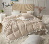 Pisoshare Europe Princess Bedding Sets Cotton Solid Color Lace Bedspread Beige Ruffle Duvet Cover