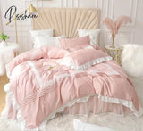 Pisoshare Europe Princess Bedding Sets Cotton Solid Color Lace Bedspread Beige Ruffle Duvet Cover