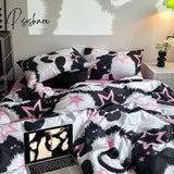 Pisoshare Fashion Style Pink Black Bedding Set Soft Flower Duvet Cover Pillowcase Bed Flat Sheet