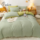 Pisoshare Green Grid 4Pcs Bedding Set Quilt Cartoon Duvet Cover Lucky Clovers And Plaid Reversible