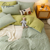 Pisoshare Green Grid 4Pcs Bedding Set Quilt Cartoon Duvet Cover Lucky Clovers And Plaid Reversible