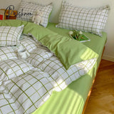 Pisoshare Green White Lattice Duvet Cover Pillowcase Bed Sheet Simple Boy Girls Bedding Sets Single