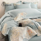 Pisoshare High-End Floral Embroidery Green Red Bedding Set Luxury Egyptian Cotton Solid Duvet Cover