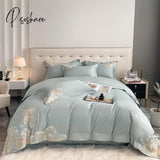 Pisoshare High-End Floral Embroidery Green Red Bedding Set Luxury Egyptian Cotton Solid Duvet Cover