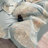 Pisoshare High-End Floral Embroidery Green Red Bedding Set Luxury Egyptian Cotton Solid Duvet Cover