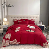 Pisoshare High-End Floral Embroidery Green Red Bedding Set Luxury Egyptian Cotton Solid Duvet Cover