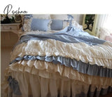 Pisoshare High End Luxury Bedding Set Cotton Blue Plaid Cake Layers Lace Ruffle Bowknot Duvet Cover