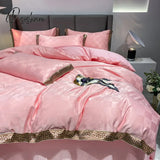 Pisoshare High Quality Satin Jacquard And Cotton Luxury Bedding Set Chic Gold Edge Embroidery Duvet