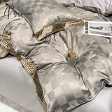 Pisoshare High Quality Satin Jacquard And Cotton Luxury Bedding Set Chic Gold Edge Embroidery Duvet