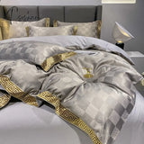 Pisoshare High Quality Satin Jacquard And Cotton Luxury Bedding Set Chic Gold Edge Embroidery Duvet