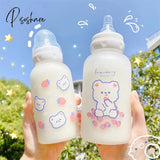 Pisoshare Hot 320Ml Kawaii Strawberry Bear Glass Water Bottle For Girls Kids Adult Milk Juice Straw