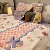 Pisoshare Ins Cartoon Sheep Flowers Bedding Set Duvet Cover Soft Queen King Size Flat Bed Sheet