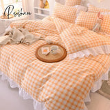 Pisoshare Ins Fashion Solid Cotton Bedding Set With Fitted Bed Sheet Cute Princess Ab Double Sided