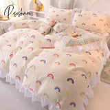 Pisoshare Ins Fashion Solid Cotton Bedding Set With Fitted Bed Sheet Cute Princess Ab Double Sided