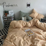 Pisoshare Ins Korean Style Simple Solid Color Bedding 4 Pieces Set Washed Cotton Fitted Bed Sheets
