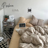 Pisoshare Ins Korean Style Simple Solid Color Bedding 4 Pieces Set Washed Cotton Fitted Bed Sheets