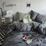 Pisoshare Ins Korean Style Simple Solid Color Bedding 4 Pieces Set Washed Cotton Fitted Bed Sheets