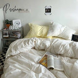 Pisoshare Ins Korean Style Simple Solid Color Bedding 4 Pieces Set Washed Cotton Fitted Bed Sheets