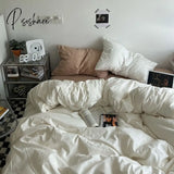 Pisoshare Ins Korean Style Simple Solid Color Bedding 4 Pieces Set Washed Cotton Fitted Bed Sheets